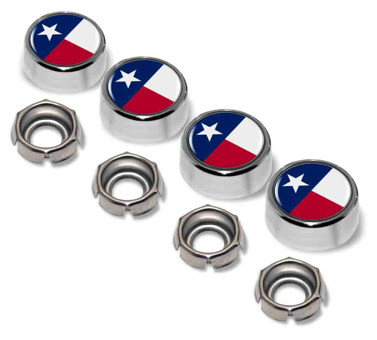 Texas Lone Star Flag License Plate Screw Caps - Chrome Metal Set of 4